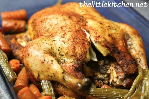 Whole Chicken in a Slow Cooker from DualFood Slow Cooker Whole Chicken in a blue baking dish