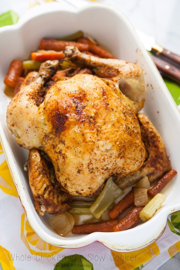 Crockpot Whole Chicken from TheLittleKitchen.net Crockpot Whole Chicken in a baking dish