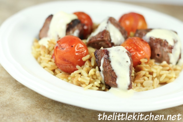 Beef Tenderloin Filet Skewers with Dubliner Cheese Sauce