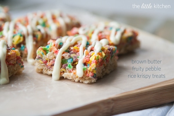 Brown Butter Fruity Pebble Rice Krispy Treats from DualFood Brown Butter Fruity Pebble Rice Krispy Treats close up