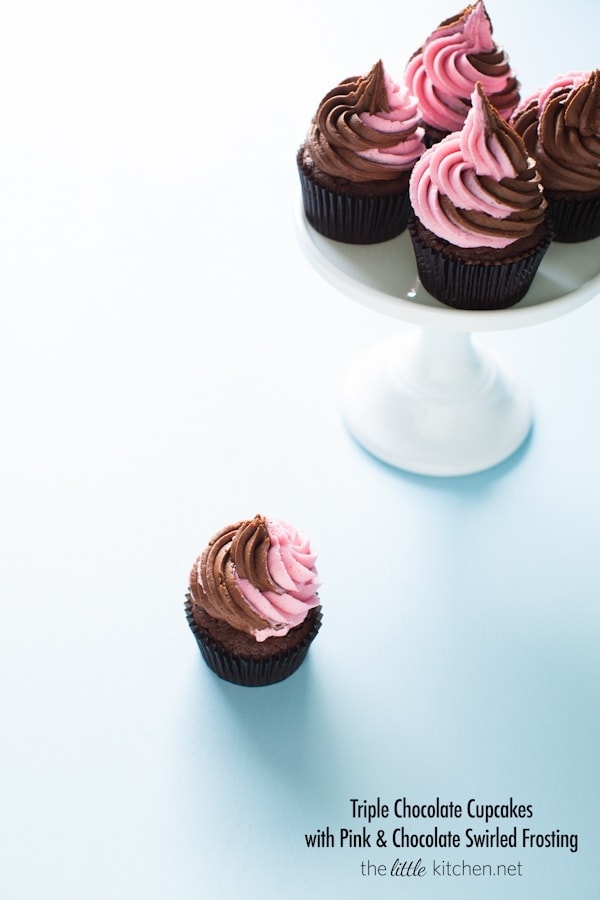 Triple Chocolate Cupcakes with Pink & Chocolate Swirled Frosting from thelittlekitchen.net Triple Chocolate Cupcakes with Pink & Chocolate Swirled Frosting from thelittlekitchen.net
