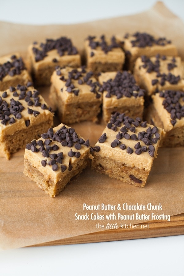 Peanut Butter & Chocolate Chunk Snack Cakes with Peanut Butter Frosting from thelittlekitchen.net Peanut Butter & Chocolate Chunk Snack Cakes with Peanut Butter Frosting from thelittlekitchen.net