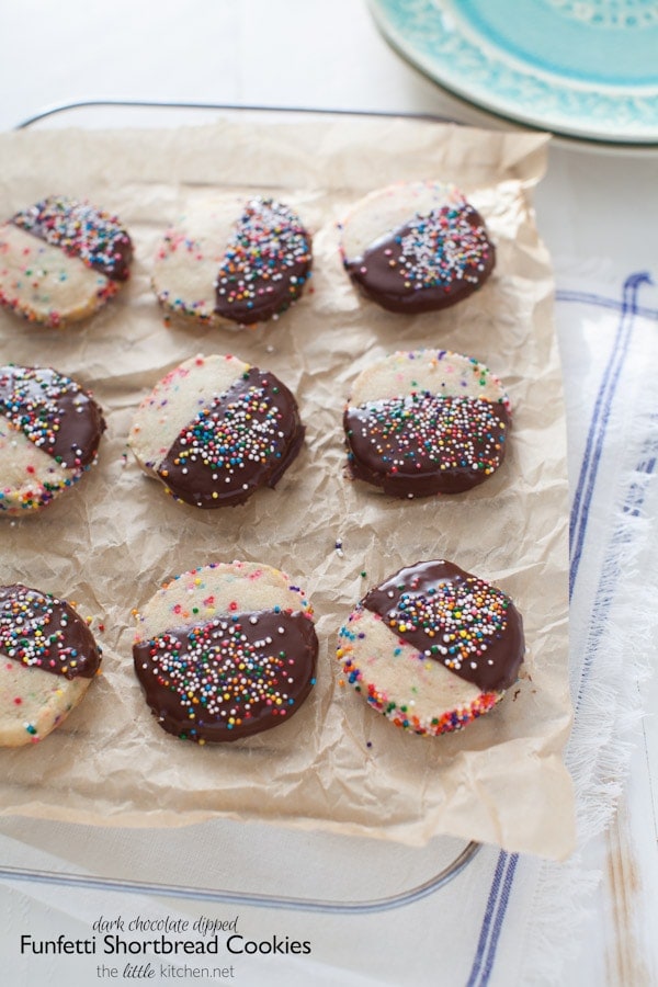 Dark Chocolate Dipped Funfetti Shortbread Cookies from thelittlekitchen.net Dark Chocolate Dipped Funfetti Shortbread Cookies from thelittlekitchen.net