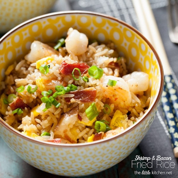 Such an easy fried rice recipe and the best ever...with a secret ingredient that makes it just like your favorite take out fried rice! Bacon and Shrimp Fried Rice from DualFood thelittlekitchen.net Such an easy fried rice recipe and the best ever...with a secret ingredient that makes it just like your favorite take out fried rice! Bacon and Shrimp Fried Rice from DualFood thelittlekitchen.net