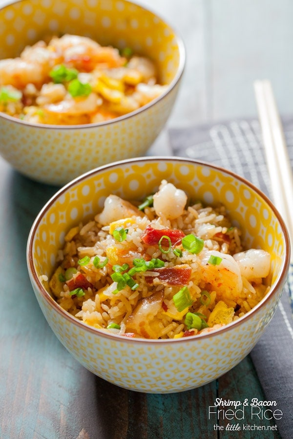 Such an easy fried rice recipe and the best ever...with a secret ingredient that makes it just like your favorite take out fried rice! Bacon and Shrimp Fried Rice from DualFood thelittlekitchen.net Such an easy fried rice recipe and the best ever...with a secret ingredient that makes it just like your favorite take out fried rice! Bacon and Shrimp Fried Rice from DualFood thelittlekitchen.net