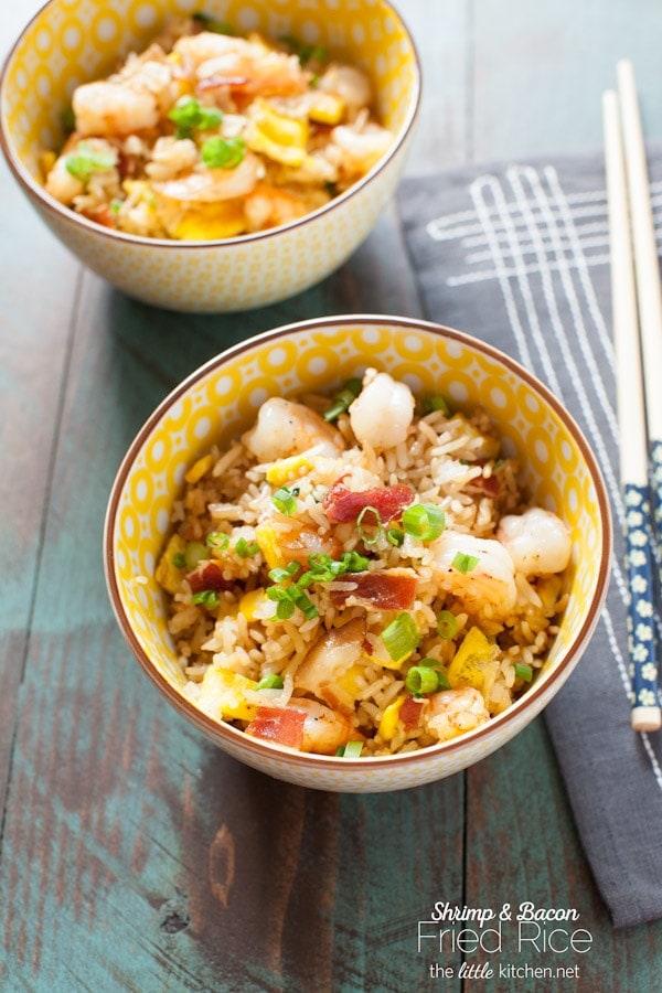 Such an easy fried rice recipe and the best ever...with a secret ingredient that makes it just like your favorite take out fried rice! Bacon and Shrimp Fried Rice from DualFood thelittlekitchen.net Such an easy fried rice recipe and the best ever...with a secret ingredient that makes it just like your favorite take out fried rice! Bacon and Shrimp Fried Rice from DualFood thelittlekitchen.net