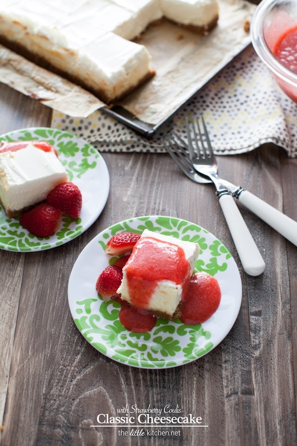 A really easy cheesecake recipe...it's a classic and can be made in a square or round cake pan! Classic Cheesecake Recipe with Strawberry Coulis Recipe from thelittlekitchen.net A really easy cheesecake recipe...it's a classic and can be made in a square or round cake pan! Classic Cheesecake Recipe with Strawberry Coulis Recipe from thelittlekitchen.net