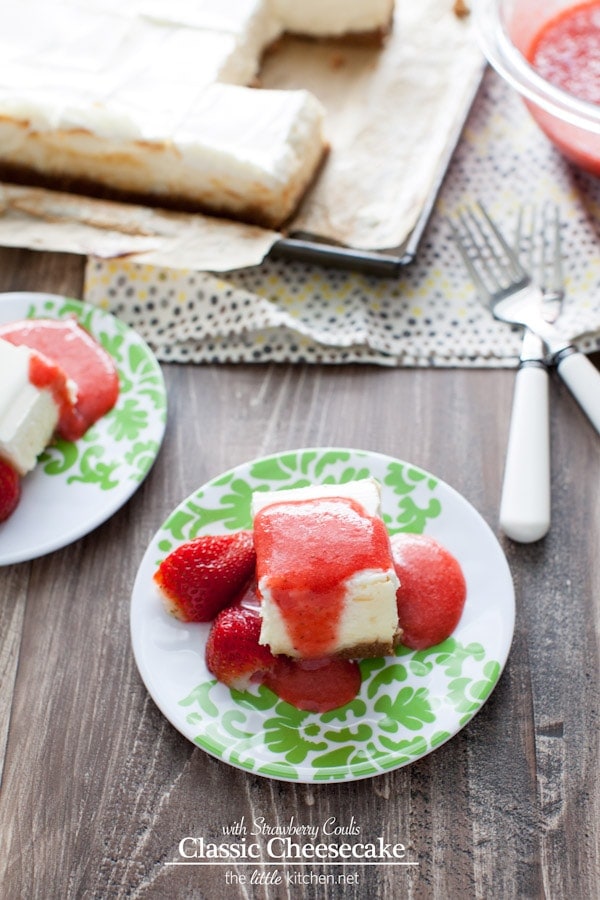 A really easy cheesecake recipe...it's a classic and can be made in a square or round cake pan! Classic Cheesecake Recipe with Strawberry Coulis Recipe from thelittlekitchen.net A really easy cheesecake recipe...it's a classic and can be made in a square or round cake pan! Classic Cheesecake Recipe with Strawberry Coulis Recipe from thelittlekitchen.net