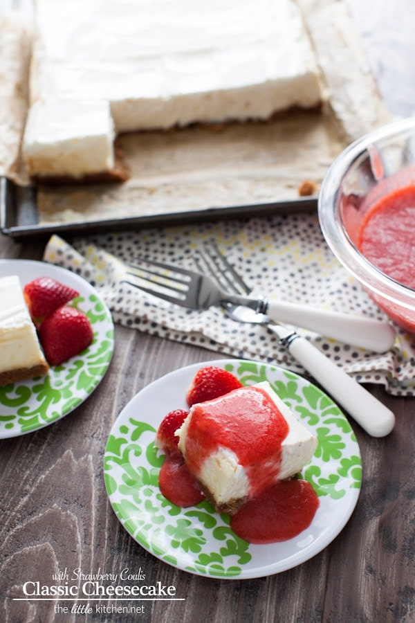 A really easy cheesecake recipe...it's a classic and can be made in a square or round cake pan! Classic Cheesecake Recipe with Strawberry Coulis Recipe from thelittlekitchen.net A really easy cheesecake recipe...it's a classic and can be made in a square or round cake pan! Classic Cheesecake Recipe with Strawberry Coulis Recipe from thelittlekitchen.net