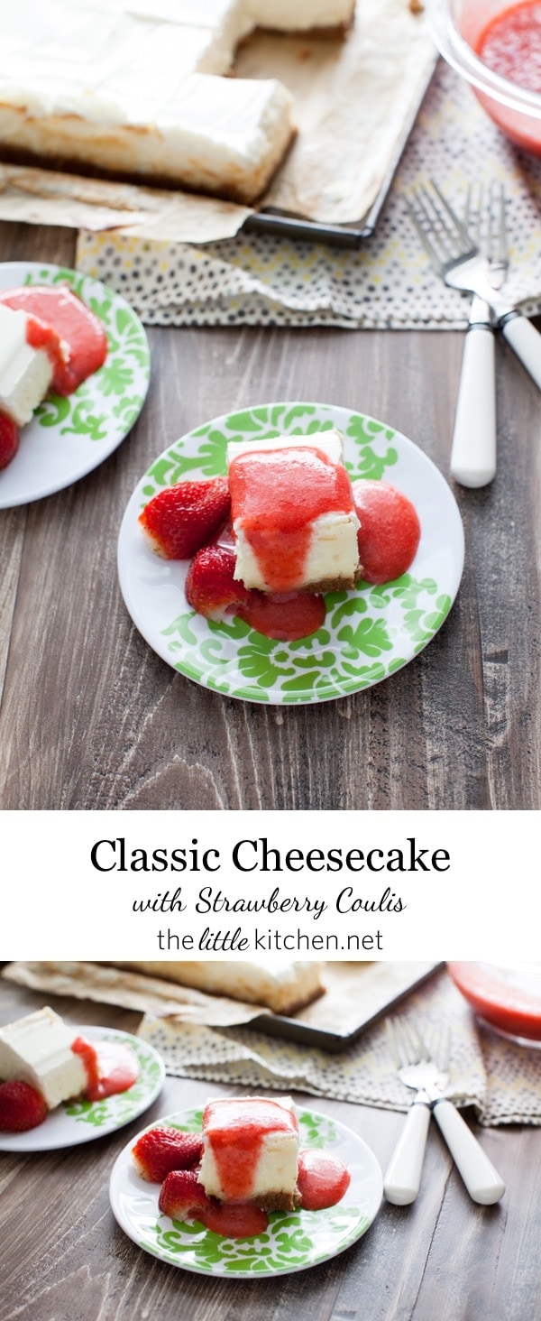 A really easy cheesecake recipe...it's a classic and can be made in a square or round cake pan! Classic Cheesecake Recipe with Strawberry Coulis Recipe from thelittlekitchen.net A really easy cheesecake recipe...it's a classic and can be made in a square or round cake pan! Classic Cheesecake Recipe with Strawberry Coulis Recipe from thelittlekitchen.net