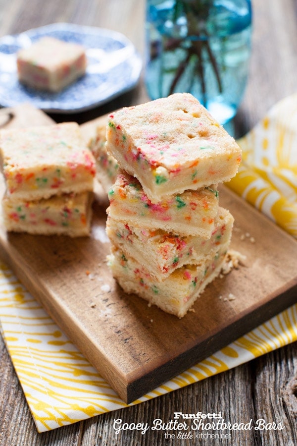 These bars are so gooey and perfect...the sprinkles are a must! Funfetti Gooey Butter Shortbread Bars from thelittlekitchen.net These bars are so gooey and perfect...the sprinkles are a must! Funfetti Gooey Butter Shortbread Bars from thelittlekitchen.net
