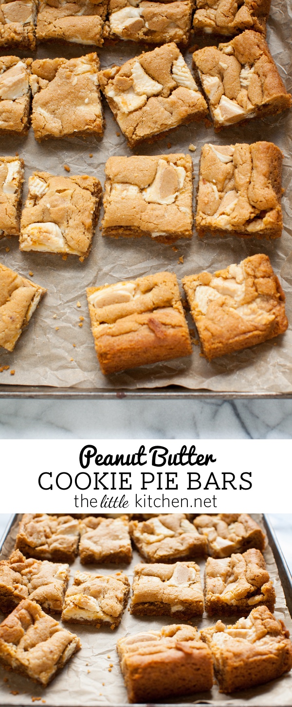 These bars are so easy to make...the crust is made with graham cracker crumbs & I used white chocolate Reese's butter cups! Peanut Butter Cookie Pie Bars from thelittlekitchen.net These bars are so easy to make...the crust is made with graham cracker crumbs & I used white chocolate Reese's butter cups! Peanut Butter Cookie Pie Bars from thelittlekitchen.net