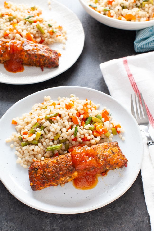 Salmon with Roasted Vegetable Couscous from thelittlekitchen.net Salmon with Roasted Vegetable Couscous from thelittlekitchen.net