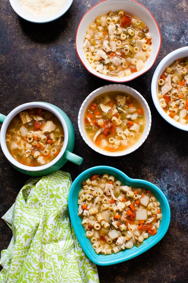 Spicy Chicken Soup from thelittlekitchen.net Chicken noodle soup in various shaped bowls with a green towel