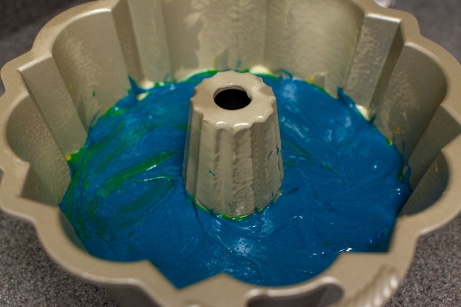 Rainbow Bundt Cake from thelittlekitchen.net Blue cake batter in Bundt cake pan