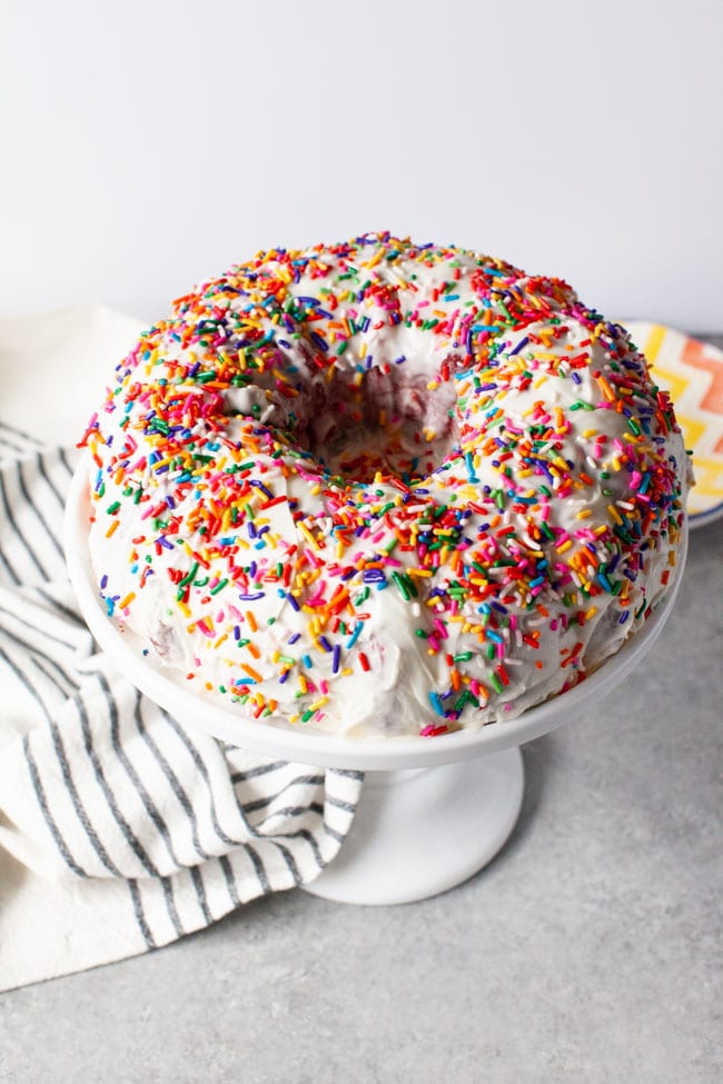 Rainbow Bundt Cake from thelittlekitchen.net Full Rainbow Bundt Cake on a tray