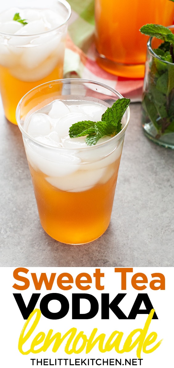 Sweet Tea with Vodka and Lemonade from thelittlekitchen.net glasses with sweet tea vodka and lemonade with jug of Milo's Sweet Tea in the background