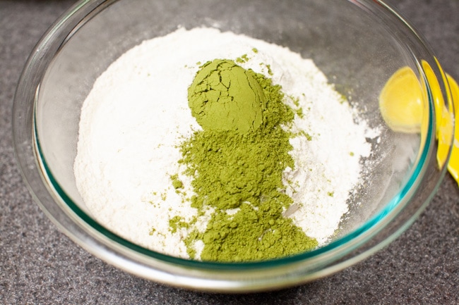 Matcha Cookies from thelittlekitchen.net Matcha powder added to flour and salt in glass bowl for Matcha Cookies from thelittlekitchen.net