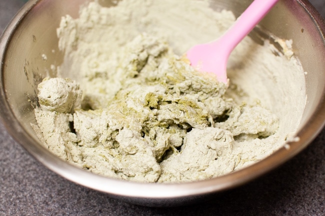 Matcha Cookies from thelittlekitchen.net Using pink rubber spatula to mix Matcha Cookie batter in metal bowl from thelittlekitchen.net