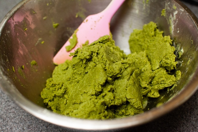 Matcha Cookies from thelittlekitchen.net Batter for Matcha Cookies in metal mixing bowl with pink rubber spatula from thelittlekitchen.net