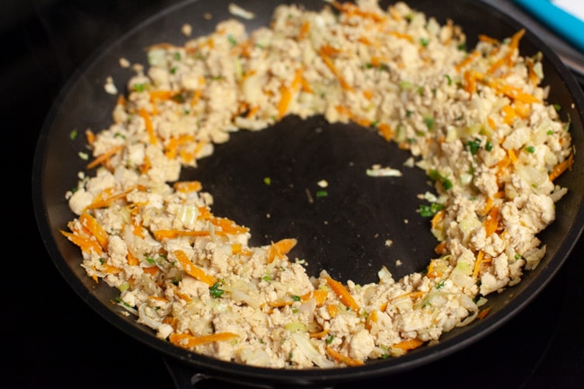 Vegetarian Dumplings from thelittlekitchen.net Vegetarian Dumpling filling pushed to the sides of a skillet from thelittlekitchen.net