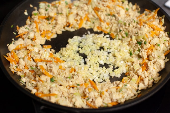 Vegetarian Dumplings from thelittlekitchen.net Vegetarian Dumpling filling being cooked in skillet from thelittlekitchen.net