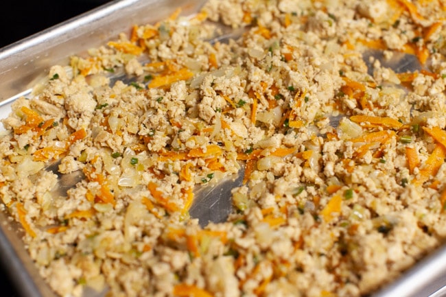 Vegetarian Dumplings from thelittlekitchen.net Vegetarian Dumpling filling spread in a thin layer on a baking sheet from thelittlekitchen.net
