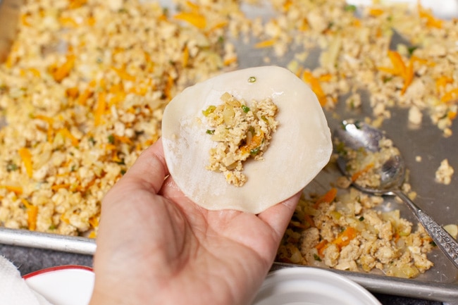 Vegetarian Dumplings from thelittlekitchen.net Hand holding a dumpling wrapper with filling spooned onto the middle and baking sheet of filling in background
