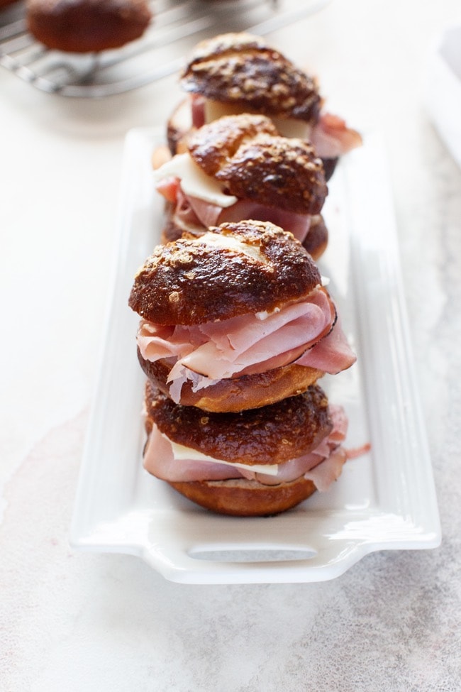 Ham and Cheese Sandwiches on Pretzel Slider Rolls from thelittlekitchen.net Ham and Cheese Sandwiches on Pretzel Slider Rolls from thelittlekitchen.net