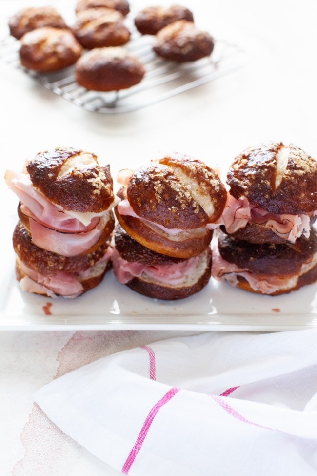 Ham and Cheese Sandwiches on Pretzel Slider Rolls from thelittlekitchen.net Ham and Cheese Sandwiches on Pretzel Slider Rolls from thelittlekitchen.net