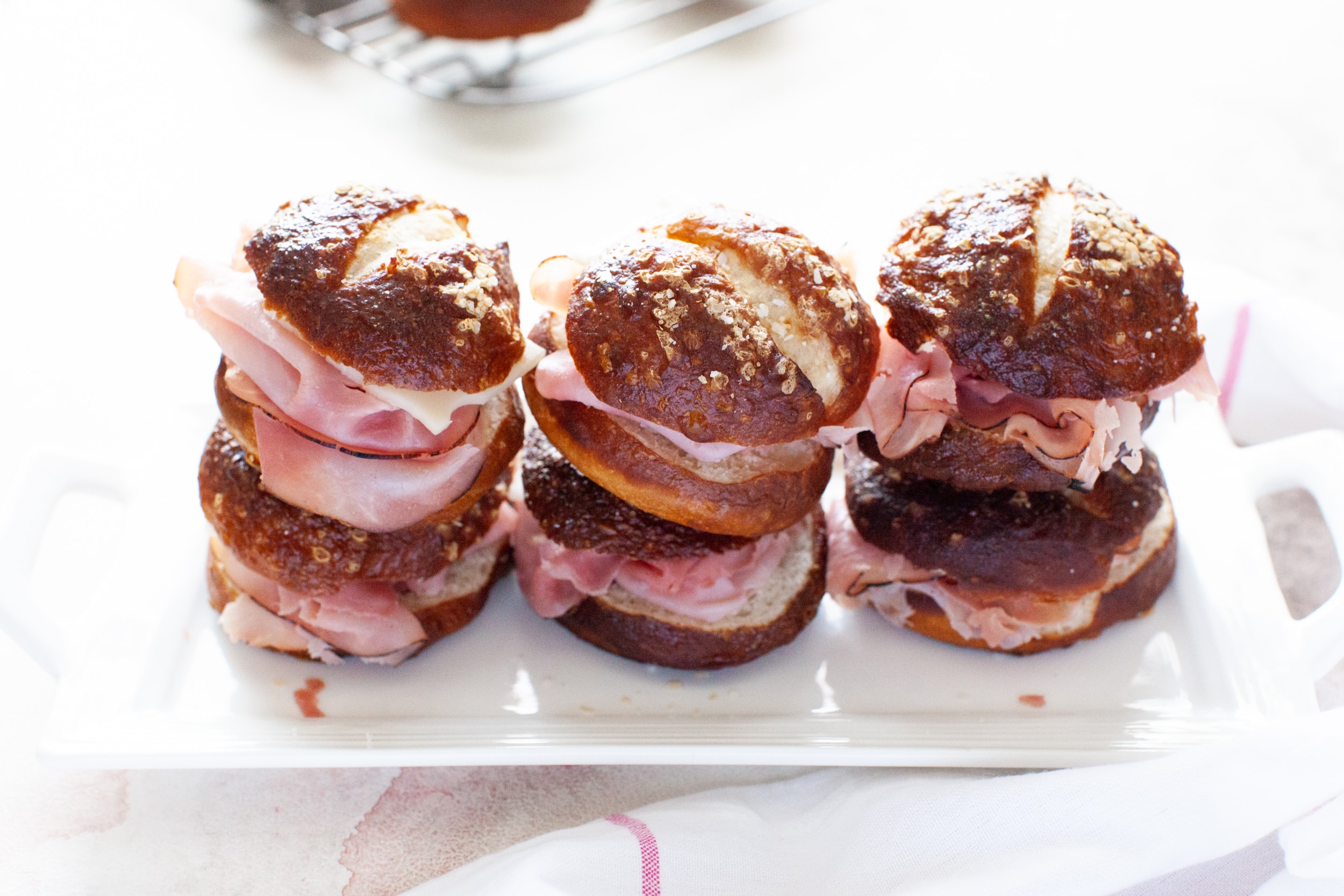 Ham and Cheese Sandwiches on Pretzel Slider Rolls from thelittlekitchen.net Ham and Cheese Sandwiches on Pretzel Slider Rolls from thelittlekitchen.net