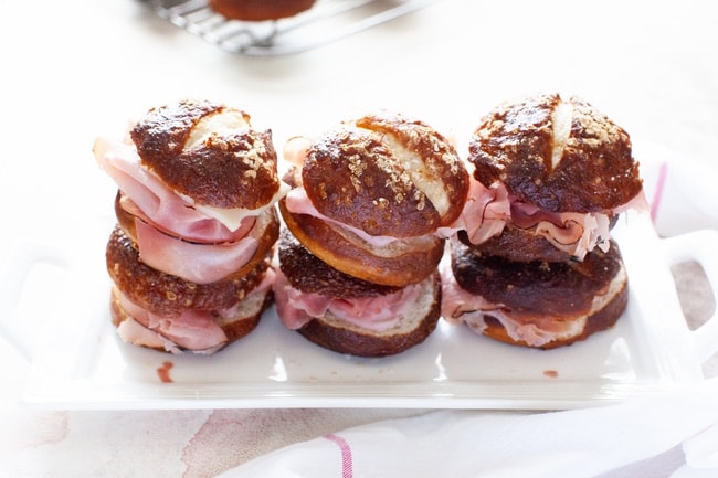 Ham and Cheese Sandwiches on Pretzel Slider Rolls from thelittlekitchen.net Ham and Cheese Sandwiches on Pretzel Slider Rolls from thelittlekitchen.net