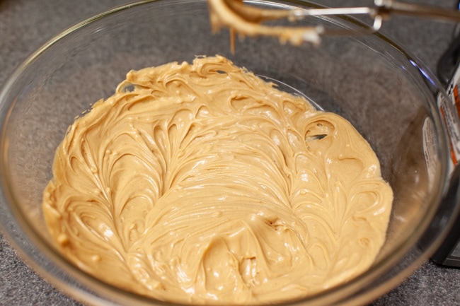 Peanut Butter Blossom Cookies from thelittlekitchen.net Peanut Butter and Shortening fully combined together in a glass bowl.