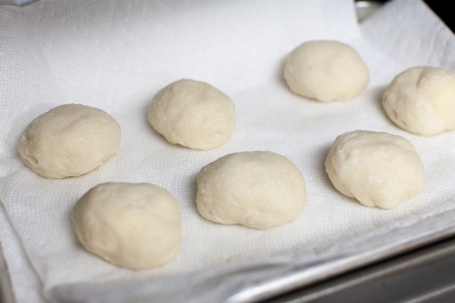 Stuffed Bagel Bites from thelittlekitchen.net stuffed bagel bites after boiling on a paper towel lined baking sheet