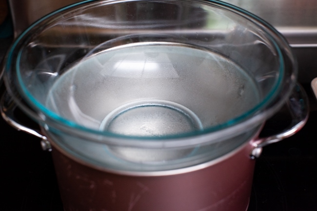 Heart Shaped Chocolate Cake from thelittlekitchen.net glass bowl on top of a pot
