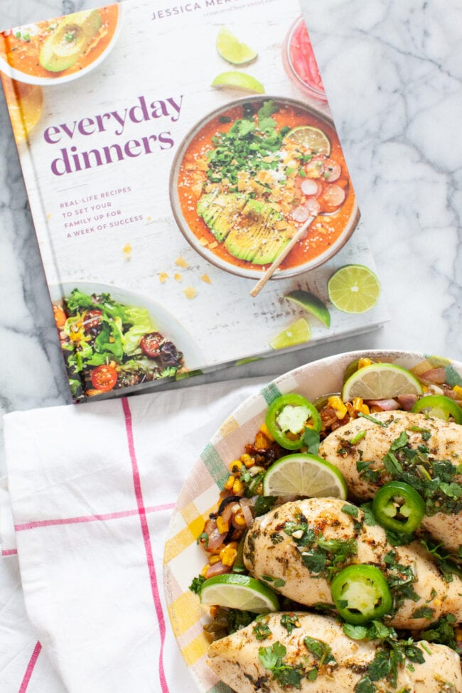 Cilantro Lime Chicken from thelittlekitchen.net cilantro lime chicken on a plate with a Everyday Dinners cookbook in the background