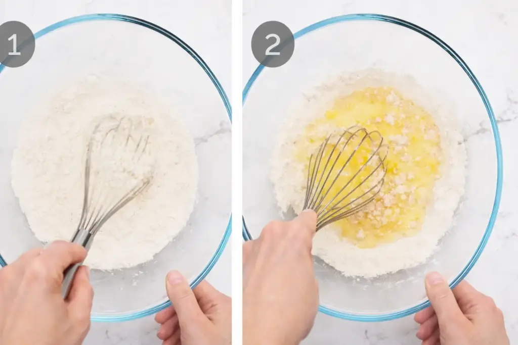 Pouring milk slowly into crêpe batter