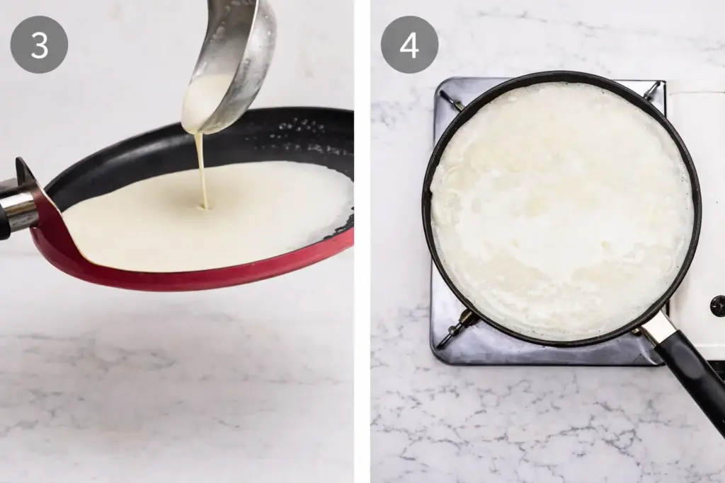 Flipping crêpe with thin spatula in skillet