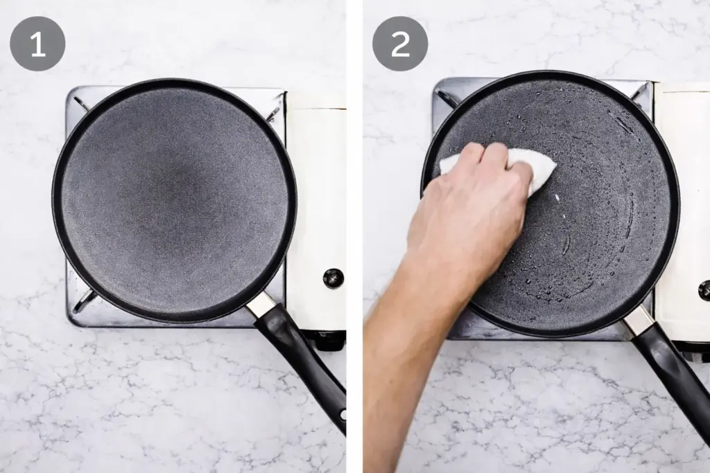 Swirling batter in hot non-stick crêpe pan