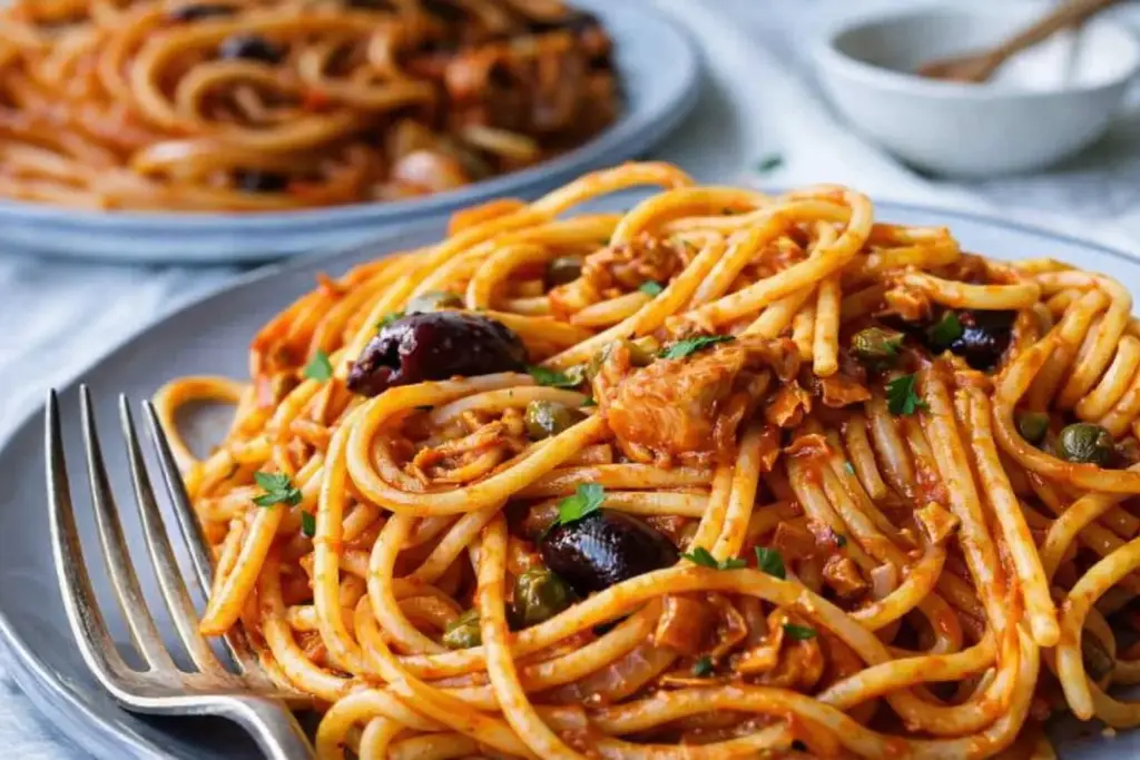 Finished tuna spaghetti served in bowl